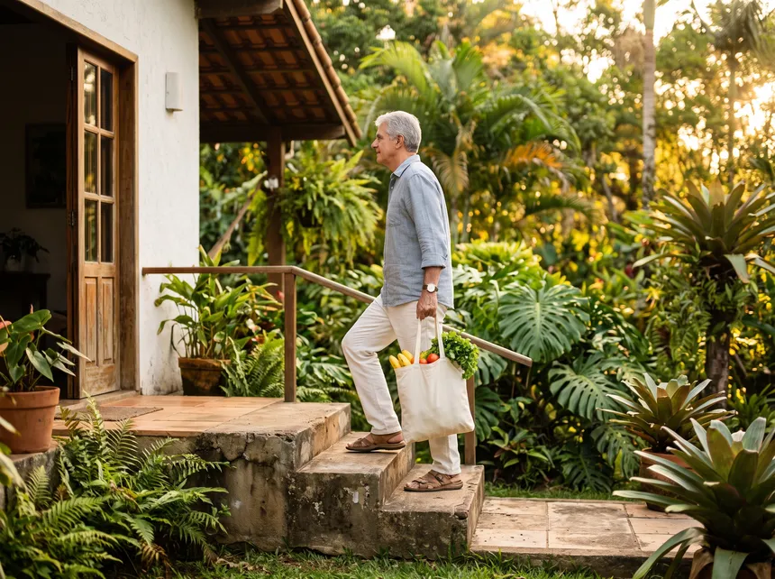 Homem grisalho subindo os degraus da entrada de casa com uma sacola de feira, jardim tropical ao redor no fim da tarde — o que a medicina da longevidade trata
