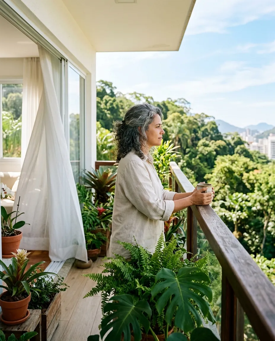 Mulher de cabelos grisalhos tomando café na varanda cercada de plantas, sob a luz da manhã — antiaging e longevidade na FORMAN Medicina