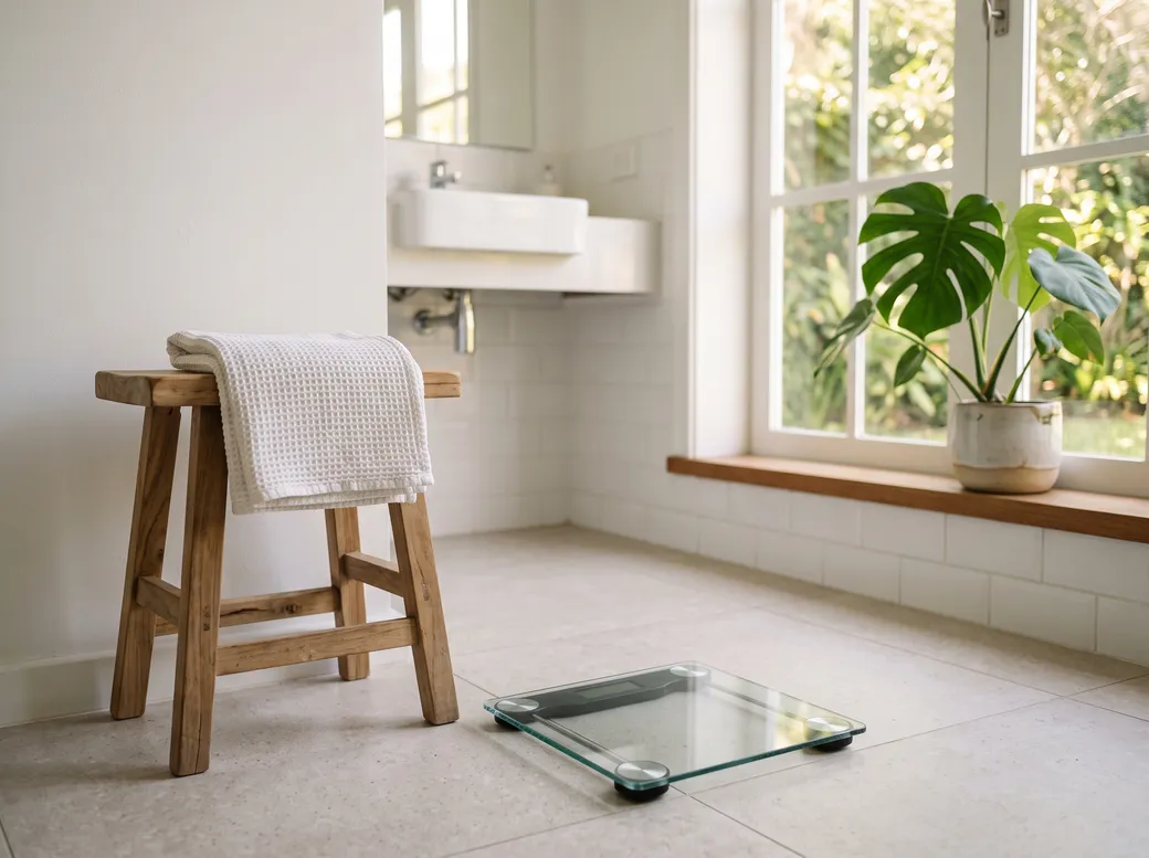 Banheiro claro com balança de vidro no chão, banco de madeira e planta na janela — balança de casa e bioimpedância de clínica