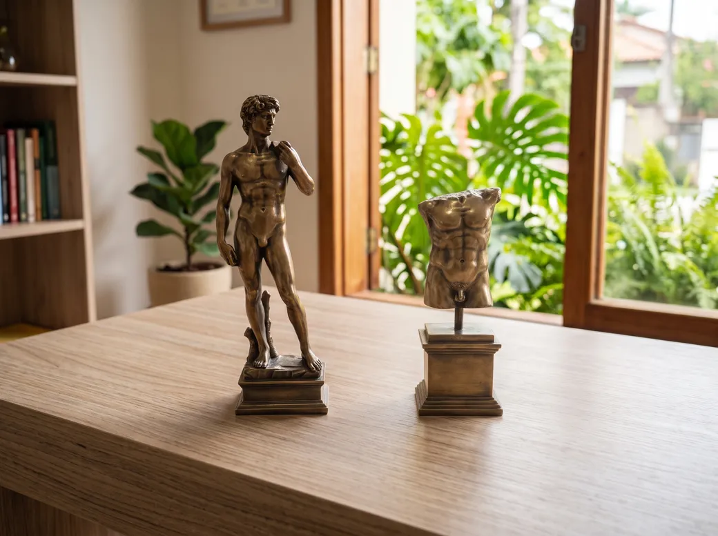 Mesa de madeira com esculturas anatômicas em bronze junto à janela aberta para o verde — check-up completo ou direcionado