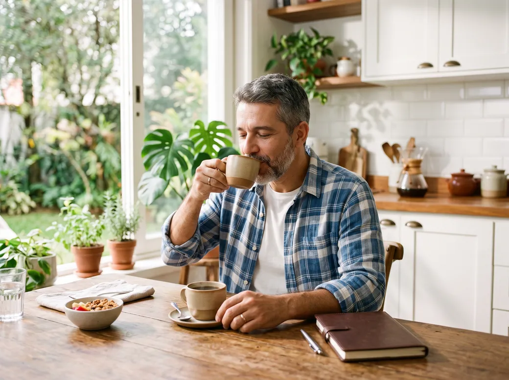 Homem de meia-idade tomando café à mesa de uma cozinha clara pela manhã — quais exames fazer aos 30, 40 e 50 anos