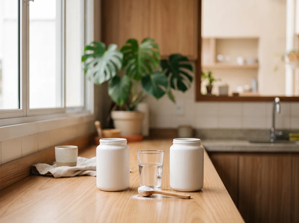 Bancada de cozinha com dois potes brancos de suplemento, dosadores e copo com água, ao lado de plantas — creatina ou whey