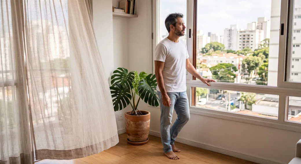 Homem adulto em pé junto à janela de um apartamento, com luz da manhã e vista da cidade — disfunção erétil em cada faixa etária
