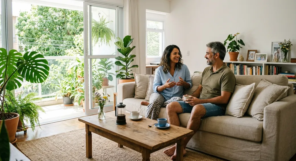 Casal conversando no sofá de uma sala clara cheia de plantas, com café na mesa — componente emocional da disfunção erétil