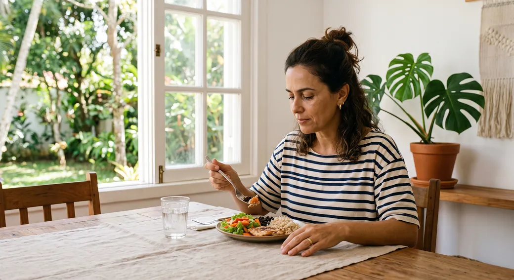 Mulher almoçando devagar à mesa de uma sala clara, com prato equilibrado e água — manejo dos efeitos digestivos do GLP-1