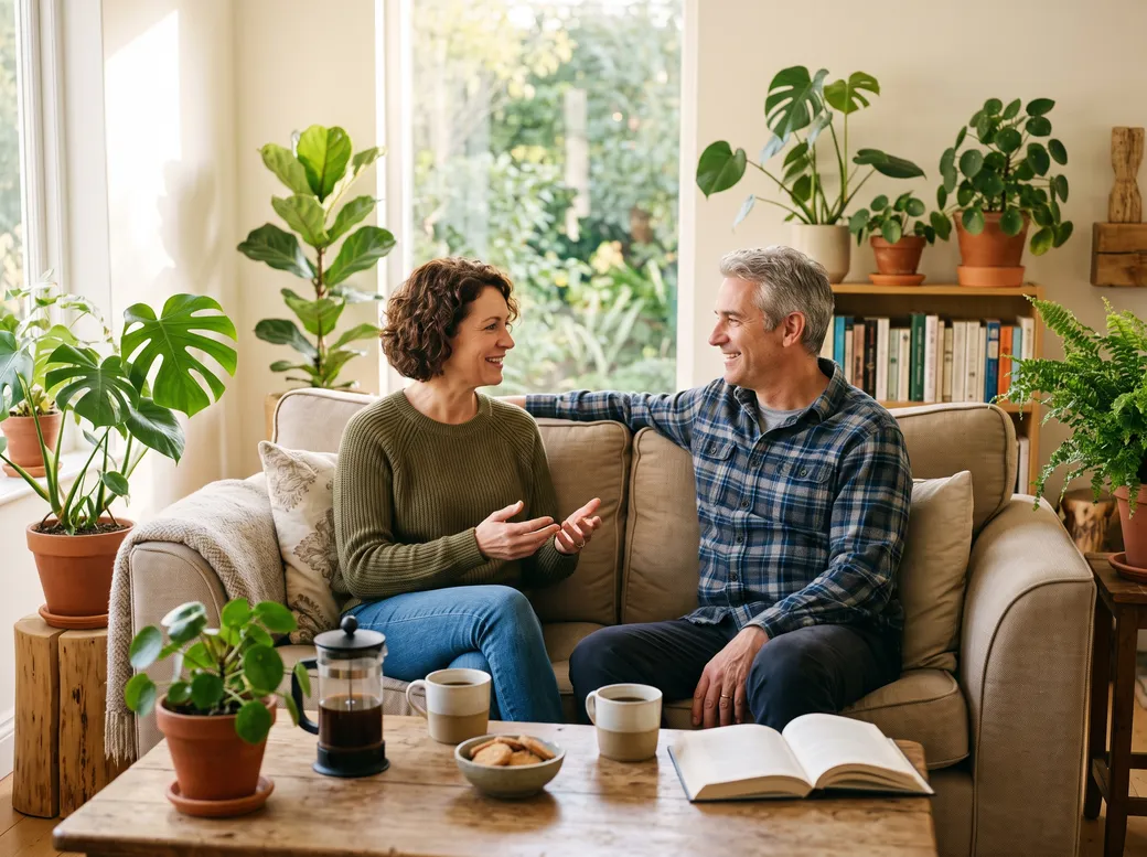 Casal conversando no sofá de uma sala clara cheia de plantas, com café na mesa — prognóstico da ejaculação precoce