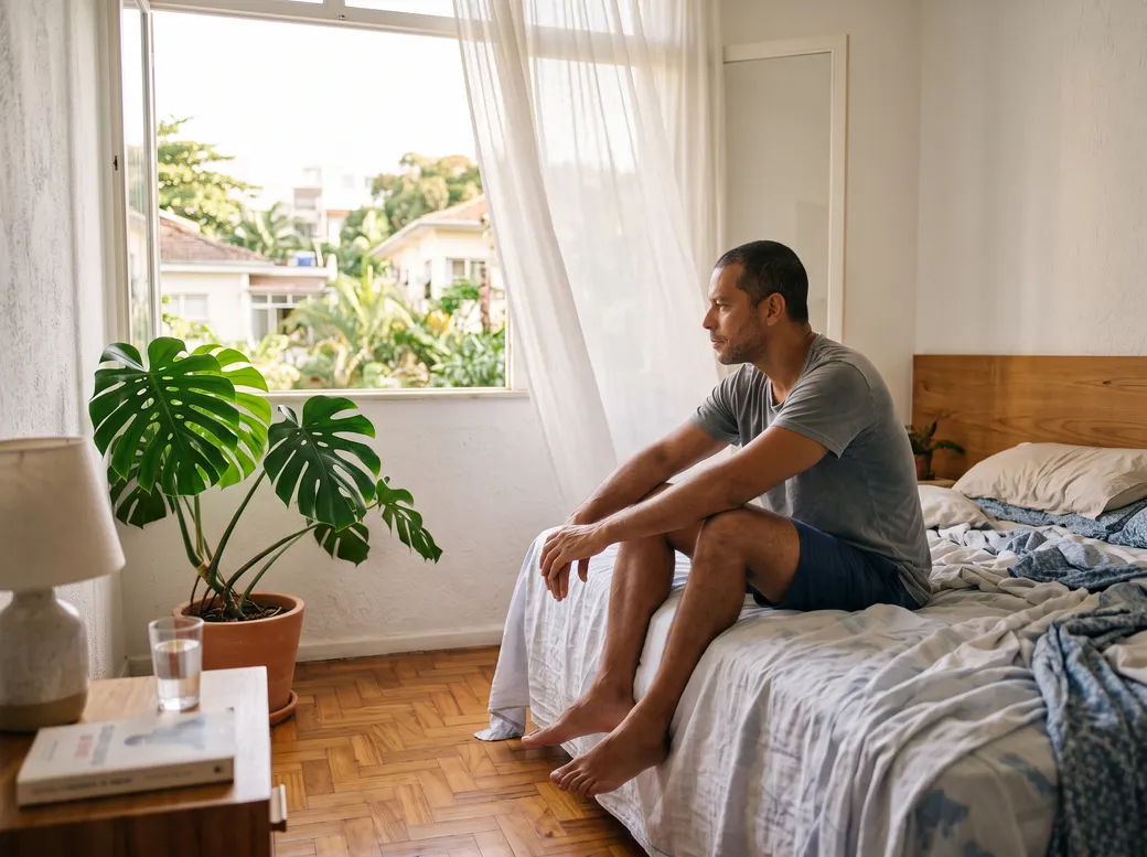 Homem sentado na beira da cama em quarto claro pela manhã, olhando pela janela aberta — o que caracteriza ejaculação precoce