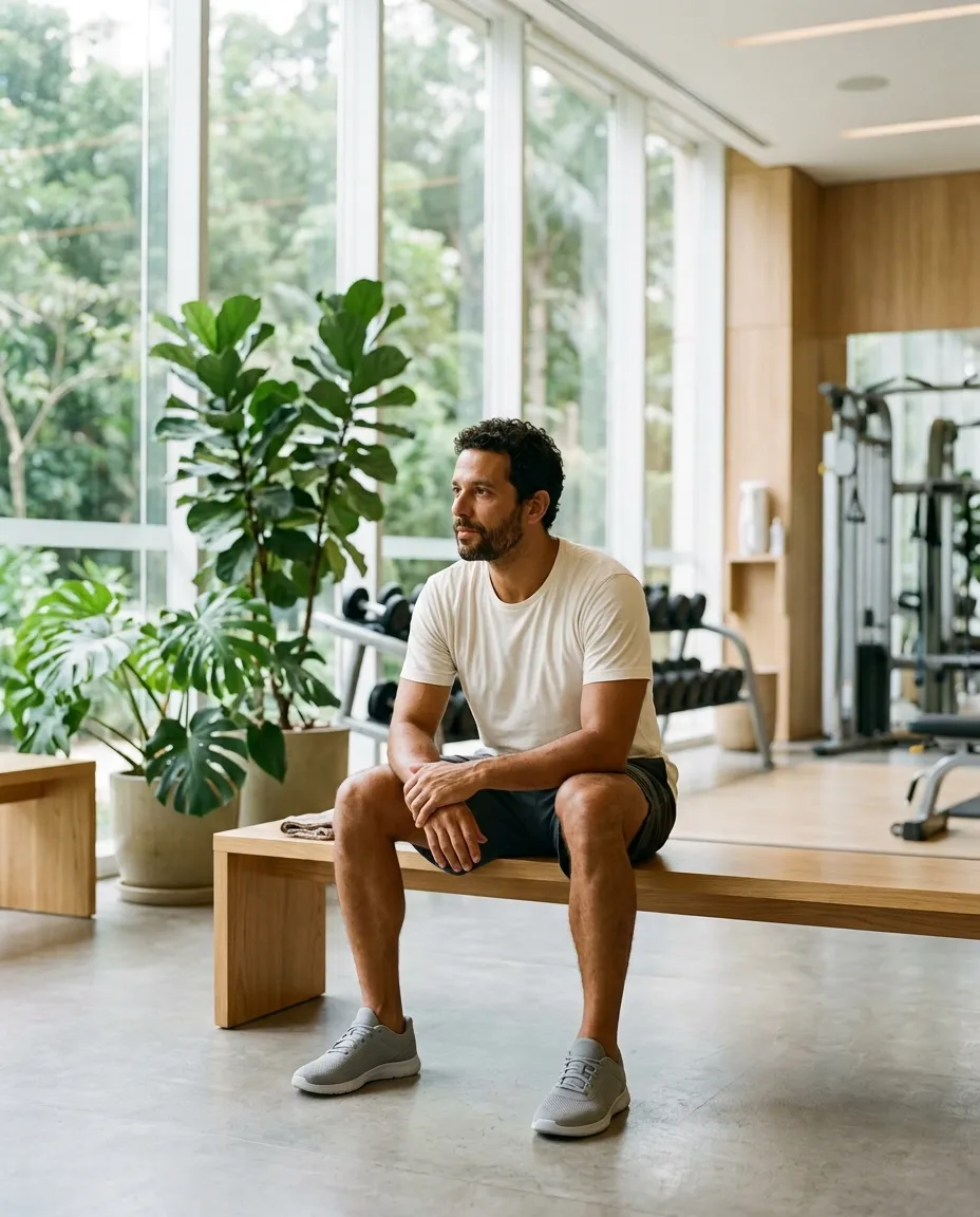 Homem em pausa entre séries em academia envidraçada com luz natural e plantas — hipertrofia com acompanhamento médico da FORMAN Medicina