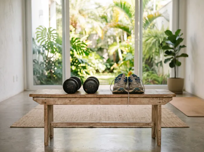 Banco de madeira com dois halteres e um par de tênis de corrida, diante de janela com vegetação — musculação ou aeróbico para emagrecer