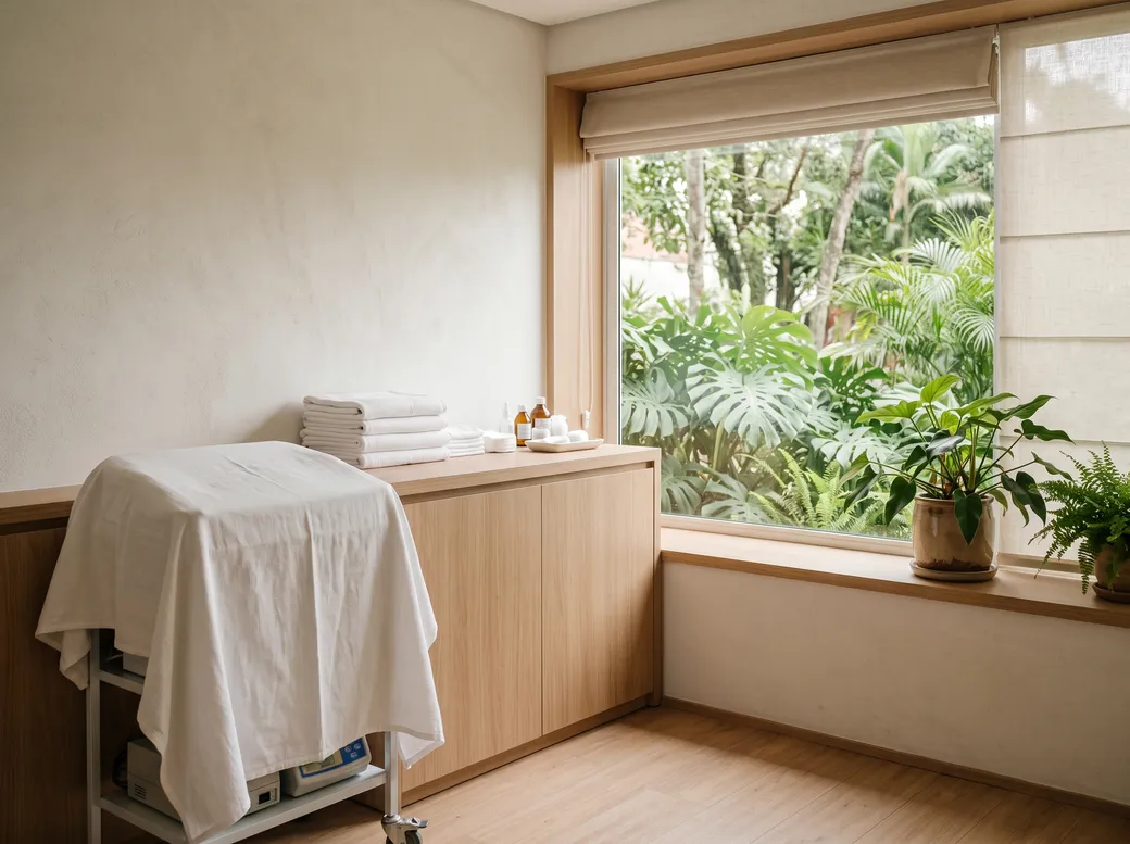 Sala de procedimento clara e organizada, com maca preparada e janela ampla para o verde — como é a sessão de ondas de choque