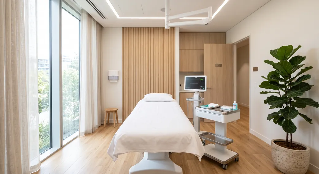 Sala de procedimento clara e organizada, com maca e janela ampla para o verde — terapia por ondas de choque