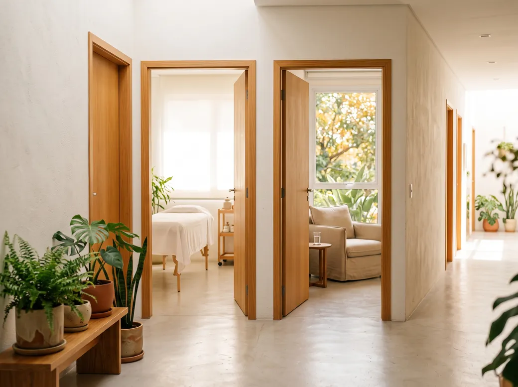 Corredor claro de clínica com duas portas abertas, plantas e luz natural — ondas de choque ou medicação
