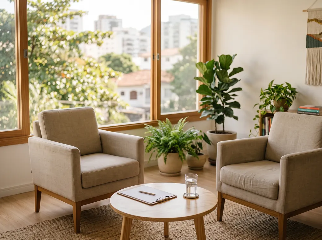 Duas poltronas frente a frente com mesa baixa junto à janela ampla de um consultório com plantas — quem é candidato à terapia por ondas de choque