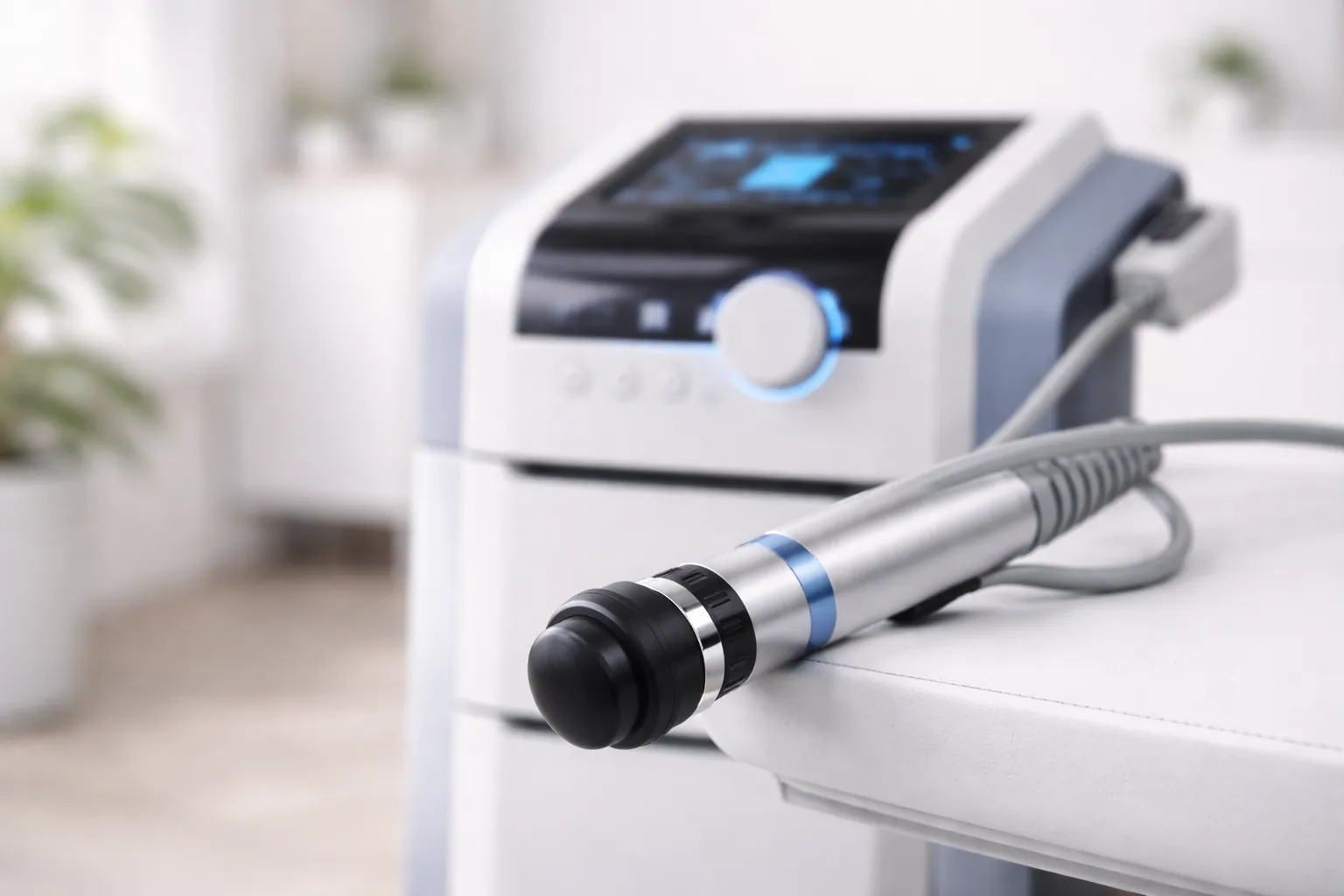Equipamento de terapia por ondas de choque em ambiente clínico da FORMAN Medicina