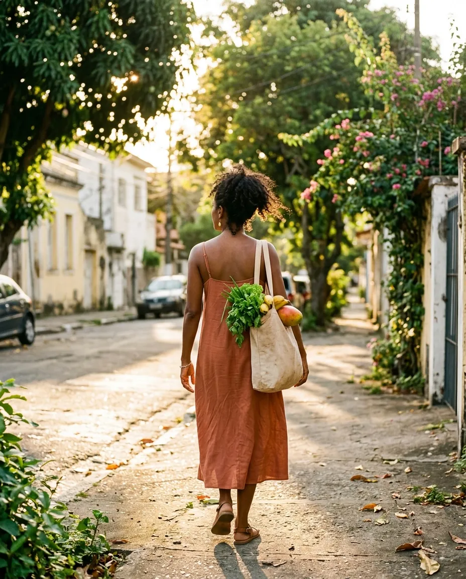 Mulher caminhando de volta para casa em rua arborizada no fim da tarde, com sacola de feira — tratamento com GLP-1 e peptídeos na FORMAN Medicina