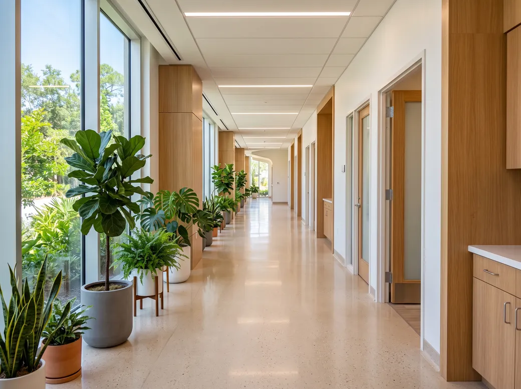 Corredor de clínica com luz natural, piso claro e plantas ao longo das janelas — quando a cirurgia de Peyronie é indicada