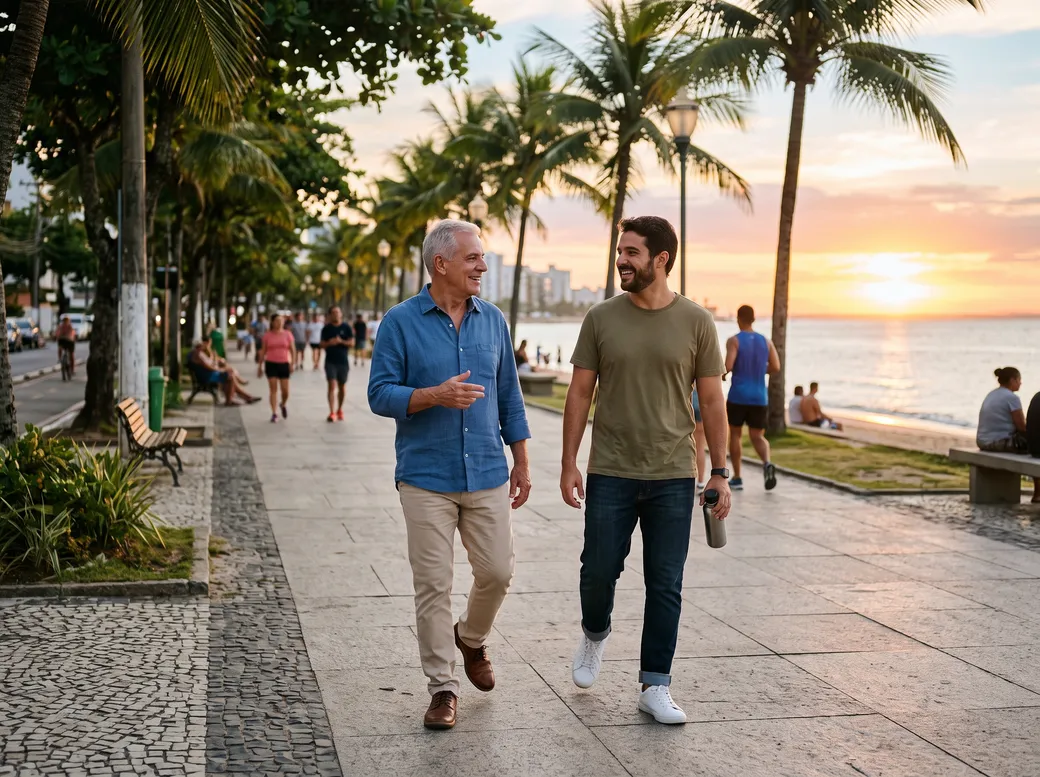 Dois homens de gerações diferentes caminhando e conversando no calçadão à beira-mar no fim da tarde — rastreamento de próstata e PSA