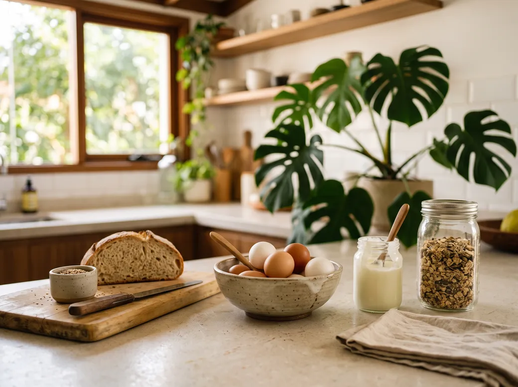 Bancada de cozinha clara com ovos, iogurte, pão e grãos em potes de vidro ao sol da manhã — quanta proteína comer por dia