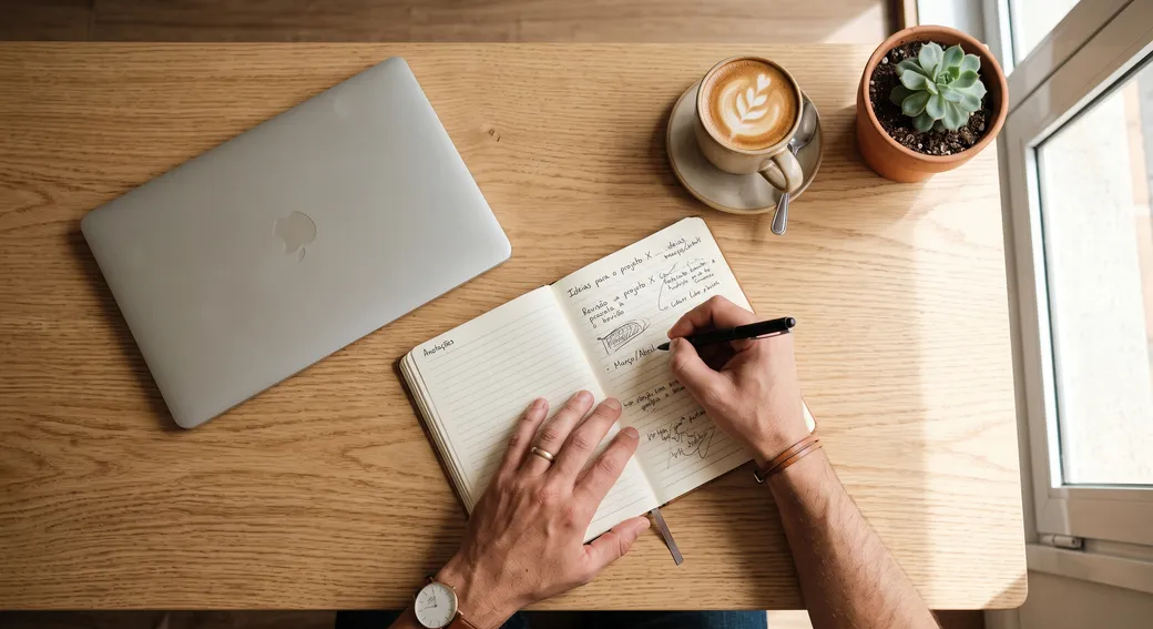 Vista de cima de uma mesa de trabalho iluminada, com caderno de anotações, caneta e café — custo de um tratamento com GLP-1