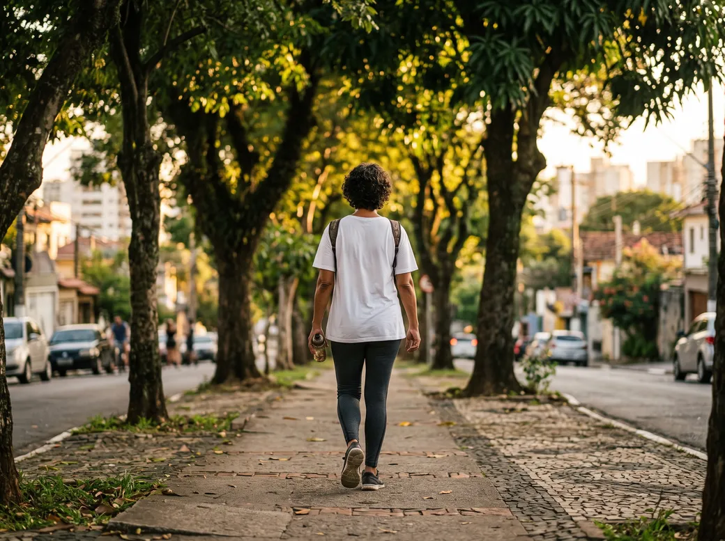 Mulher caminhando em ritmo firme por uma calçada arborizada no fim da tarde, vista de trás — quantos minutos de exercício por semana