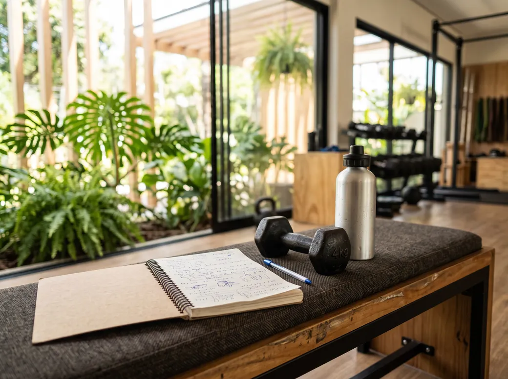 Caderno de treino aberto ao lado de halteres e garrafa d'água numa sala de treino envidraçada com plantas — em quanto tempo se ganha massa muscular