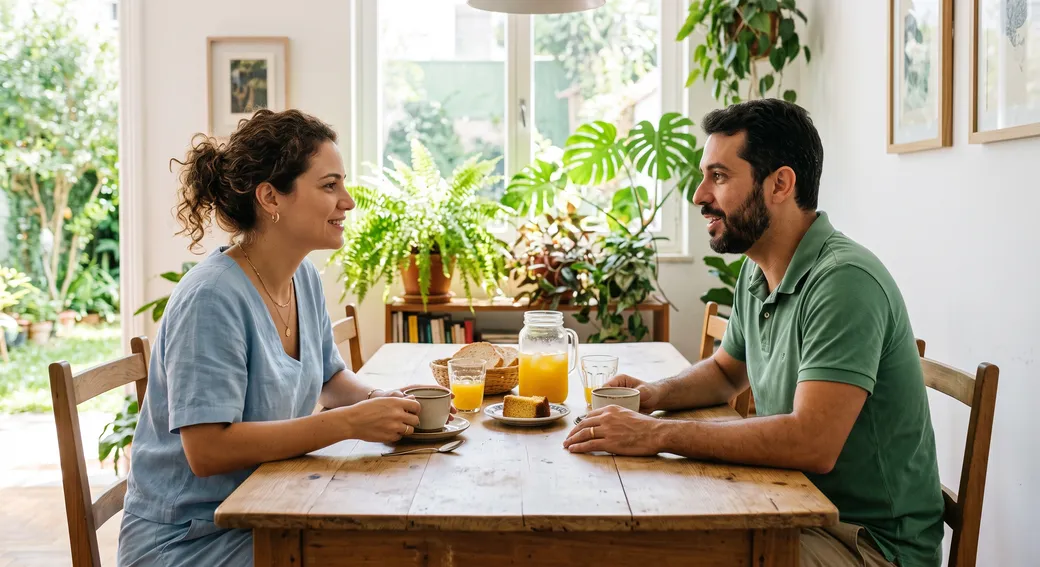 Casal conversando à mesa do café da manhã numa casa clara com plantas — reposição hormonal e planejamento de filhos