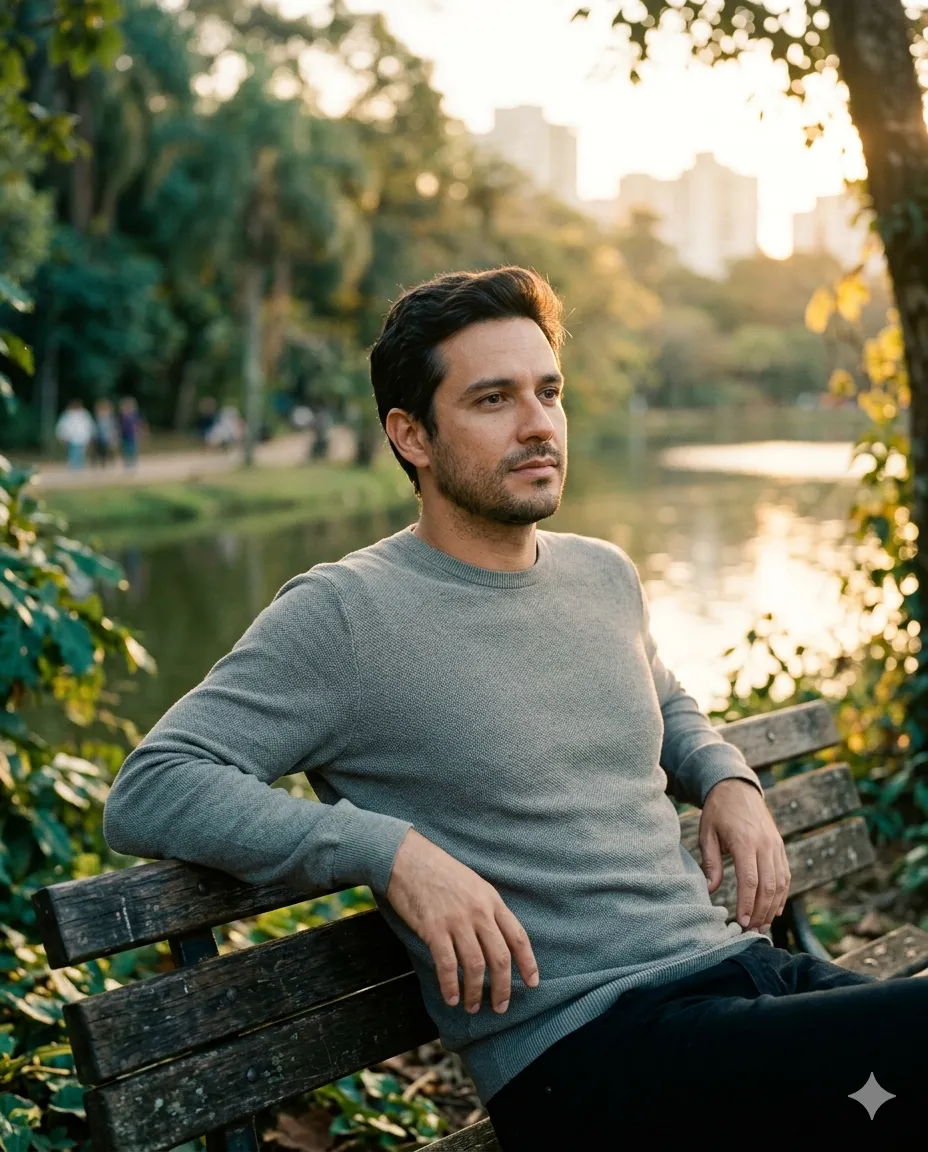Homem adulto em momento de pausa ao ar livre — avaliação de reposição hormonal masculina na FORMAN Medicina