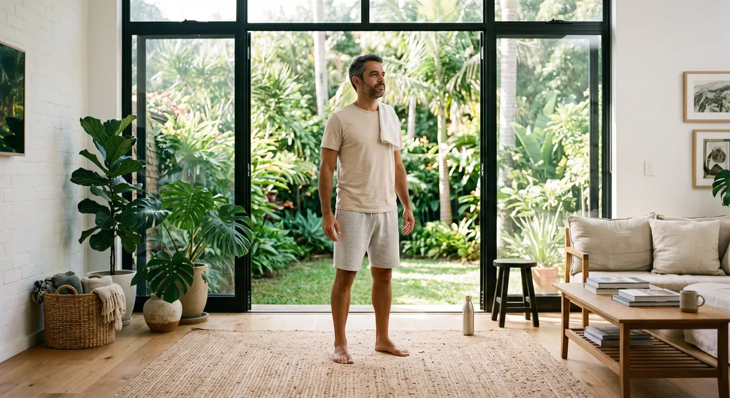 Homem em roupa de treino numa sala clara com portas de vidro para o jardim — efeito da reposição de testosterona na composição corporal