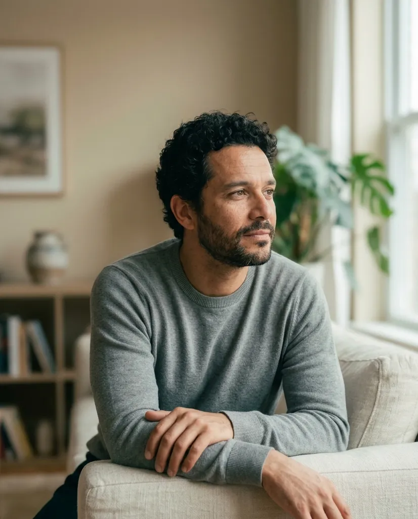Homem adulto em ambiente doméstico — jornada de saúde sexual masculina da FORMAN