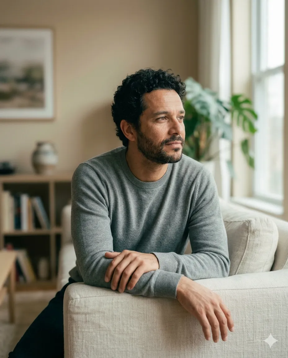 Homem adulto em ambiente doméstico — jornada de saúde sexual masculina da FORMAN