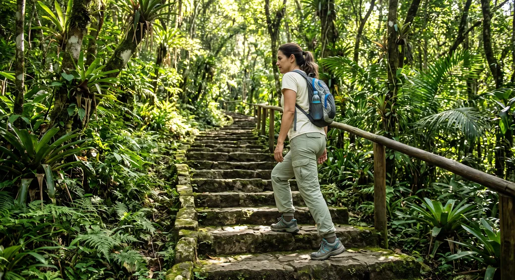 Mulher subindo uma escadaria de pedra em trilha de mata atlântica, com luz filtrada pelas árvores — semaglutida e tirzepatida