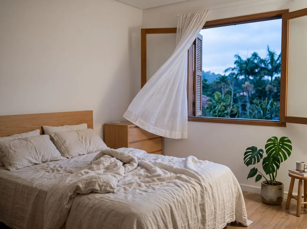 Quarto claro ao amanhecer com cama desfeita e cortina leve movida pelo vento na janela aberta — sono, hormônios e envelhecimento