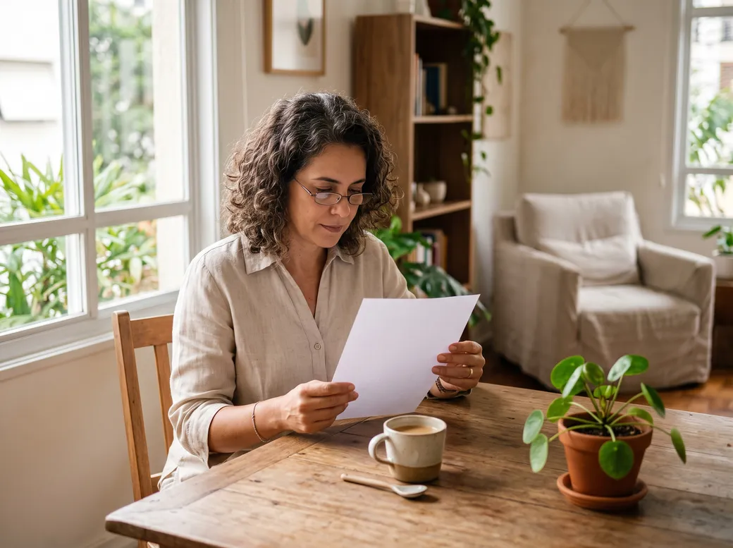 Mulher adulta lendo uma folha de resultado de exames à mesa de casa, com xícara de café e planta ao lado — testosterona em mulheres