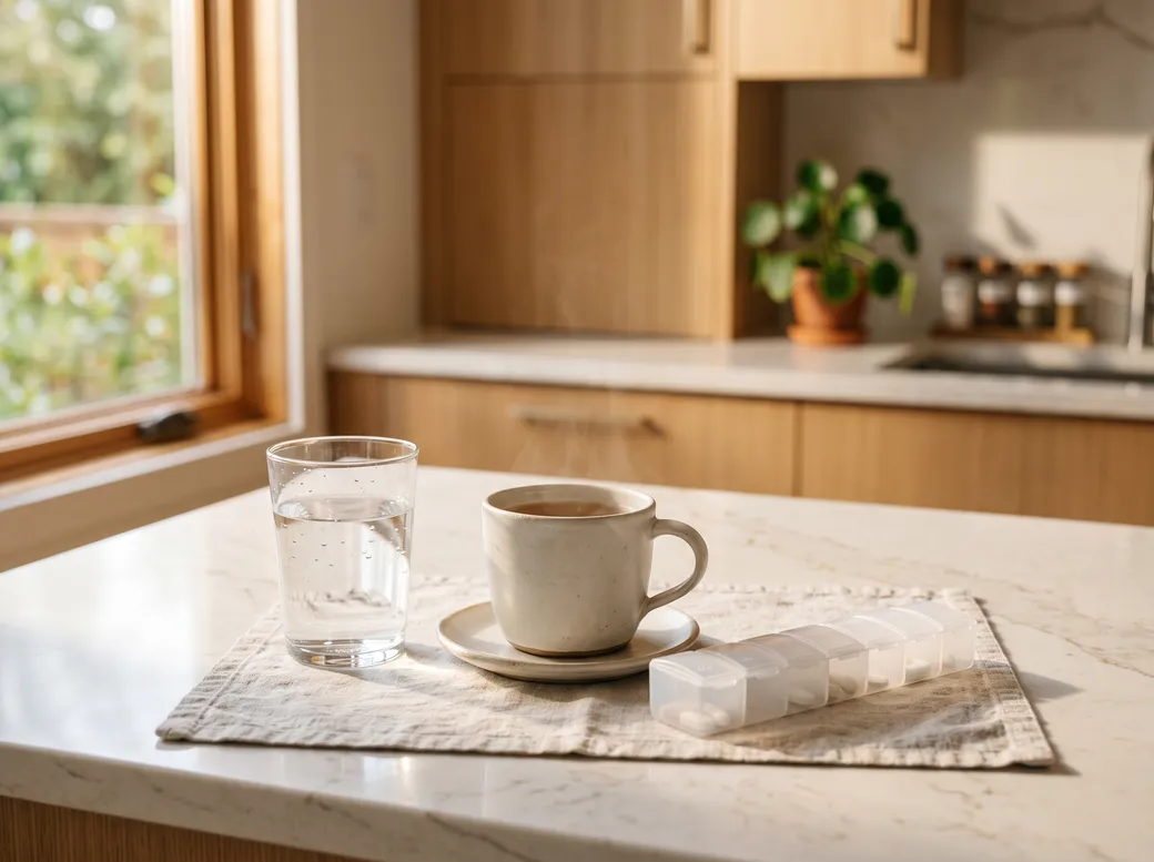 Bancada de cozinha clara ao sol da manhã, com copo d'água, xícara de café e porta-comprimidos sem rótulo — tratamento medicamentoso