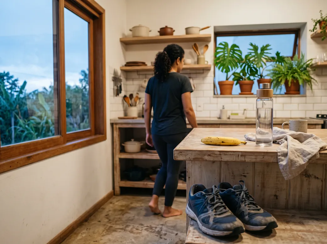 Mulher preparando alimento na cozinha ao amanhecer, com tênis de corrida no chão — treinar em jejum ou alimentado