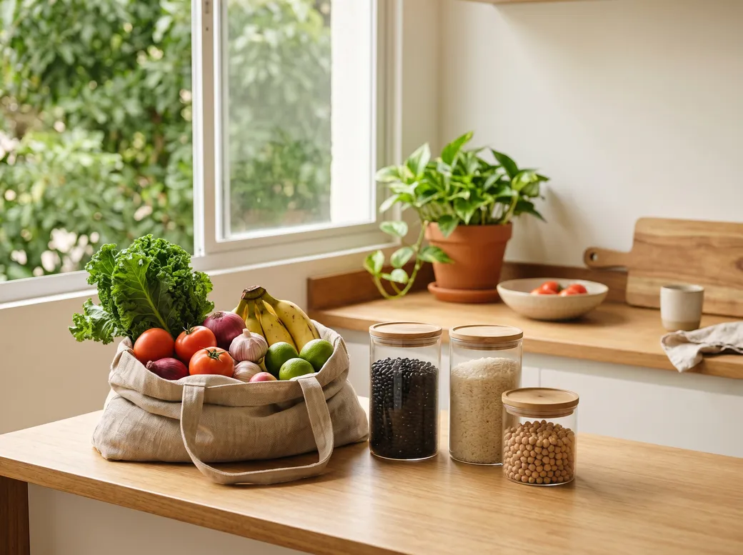 Bancada de cozinha clara com sacola de feira, frutas, legumes e grãos em potes de vidro — alimentos in natura e ultraprocessados